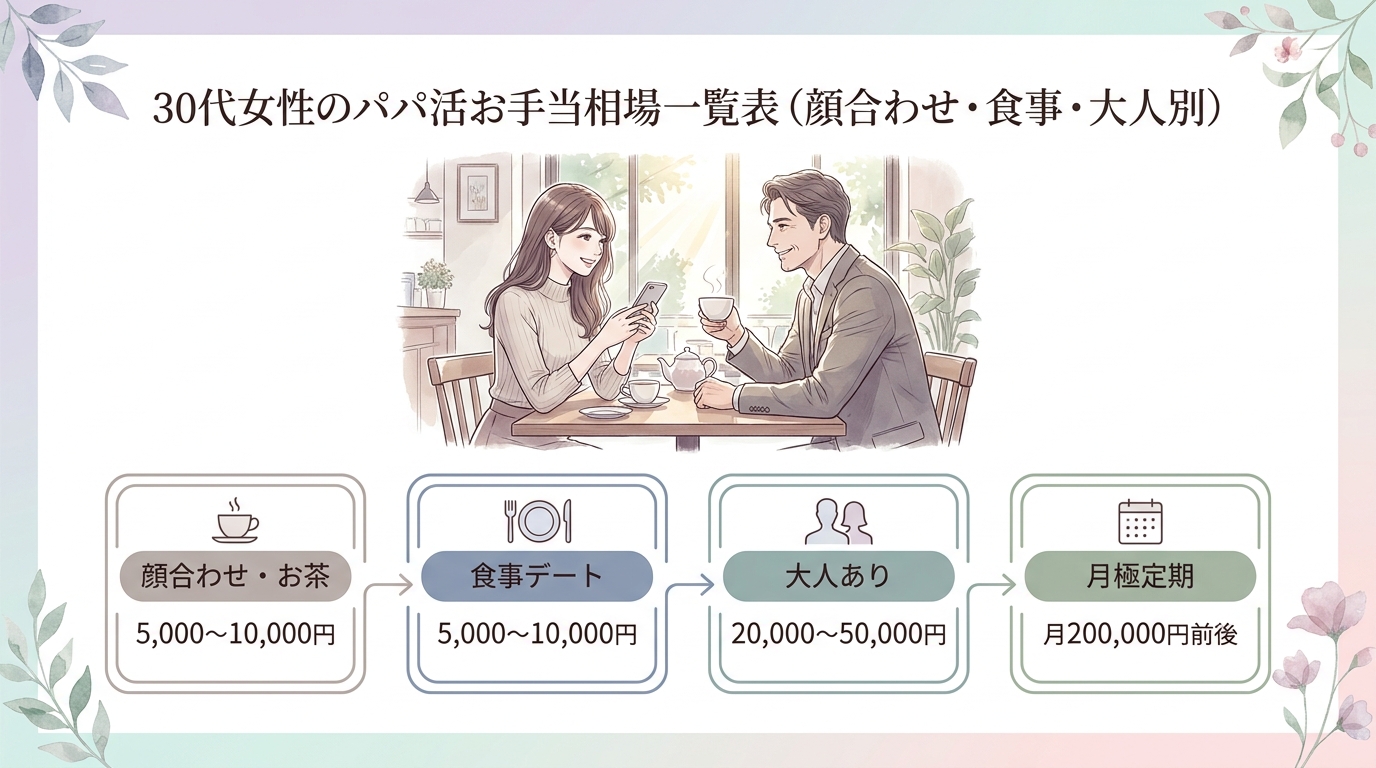 30代女性のパパ活お手当相場一覧表（顔合わせ・食事・大人別）