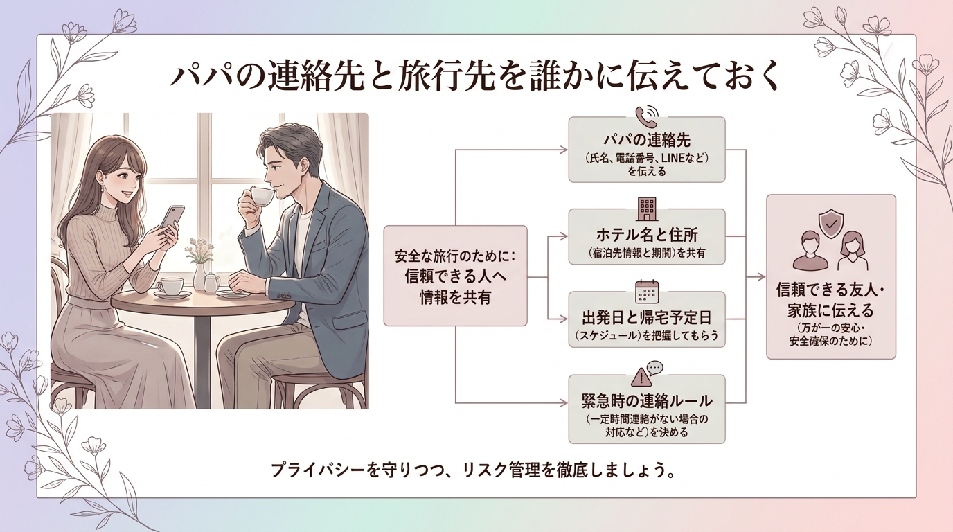 パパの連絡先と旅行先を誰かに伝えておく