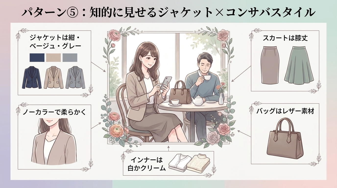 パターン⑤：知的に見せるジャケット×コンサバスタイル