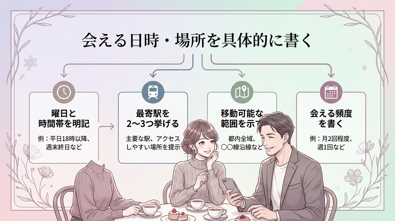 会える日時・場所を具体的に書く