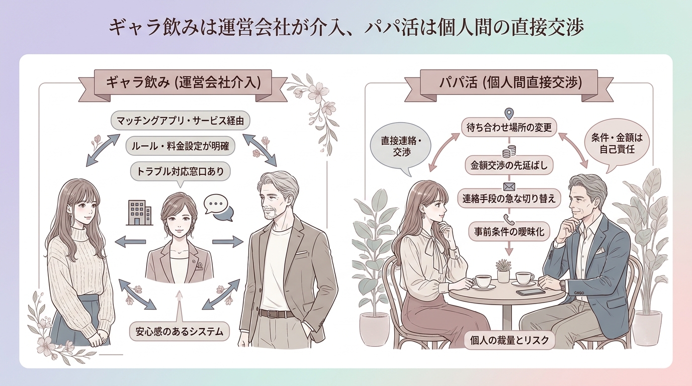ギャラ飲みは運営会社が介入、パパ活は個人間の直接交渉