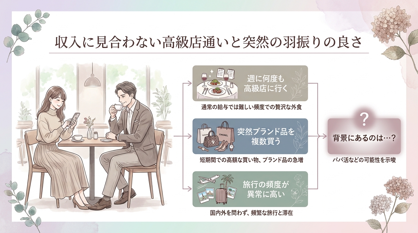 収入に見合わない高級店通いと突然の羽振りの良さ